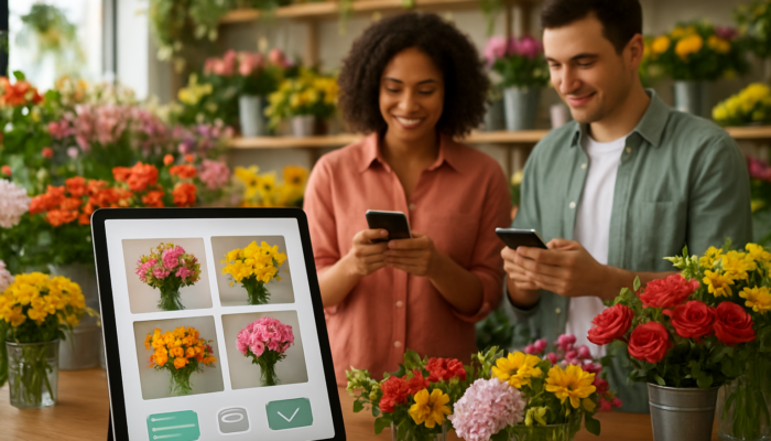 Bright florist shop: Tablet shows mobile e-commerce interface with real-time stock updates and customers browsing flowers on phones.