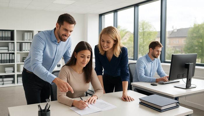A modern office in Yeovil displaying pristine desks, organised files, and focused employees benefiting from natural light.