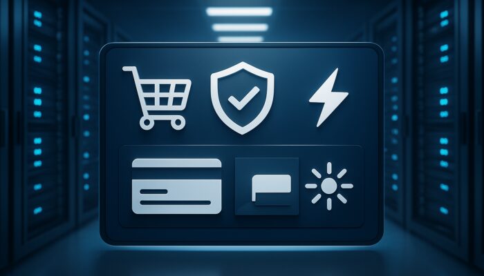 E-commerce dashboard featuring server racks, shopping carts, and secure payment icons signifying reliable hosting support.