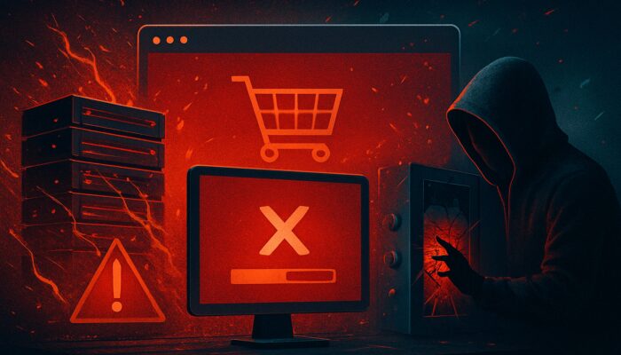 Disordered e-commerce site: overloaded servers, slow-loading pages, red error screens, and compromised firewalls.