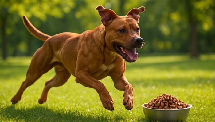 A strong dog sprinting in a sunny park with a bowl of high-protein kibble nearby.