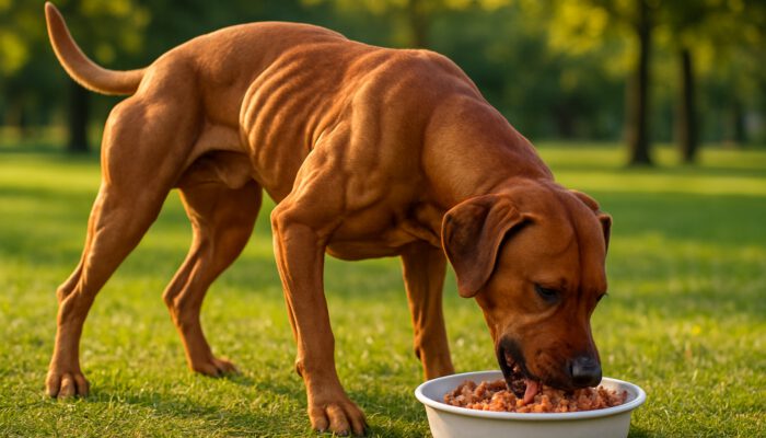 A strong dog enjoying a high-protein meal in a sunlit park after exercise.
