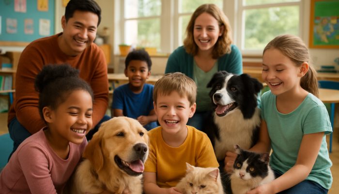 Children and teachers interacting with therapy dogs and cats in a vibrant classroom for emotional support.
