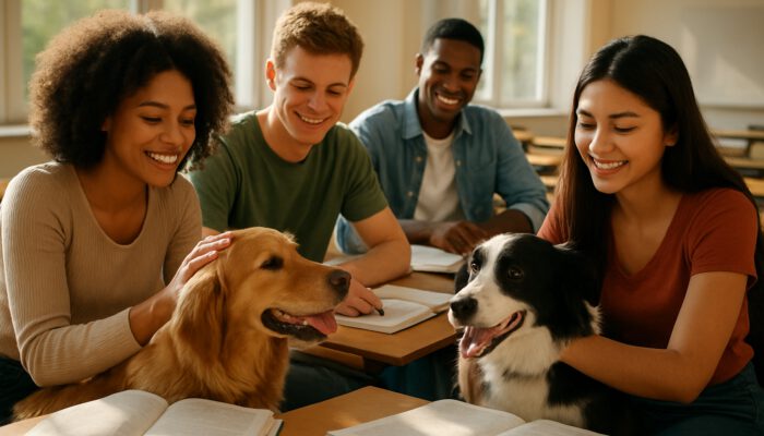 Diverse students smiling while engaging with therapy dogs and studying in a bright classroom.