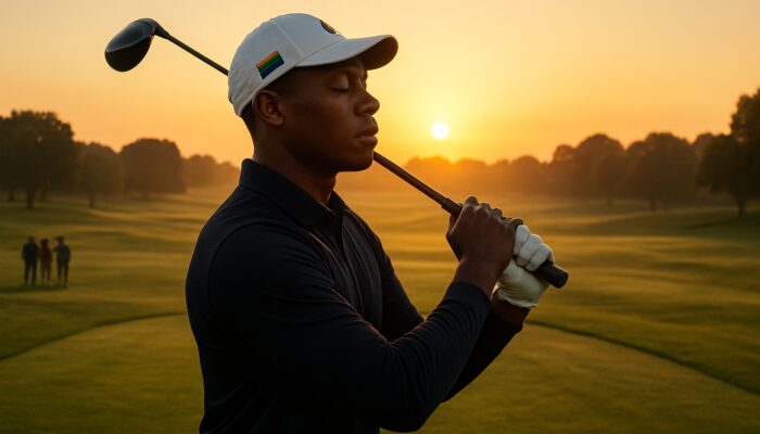 South African golfer practising deep breathing mid-swing on lush Gauteng driving range at dawn
