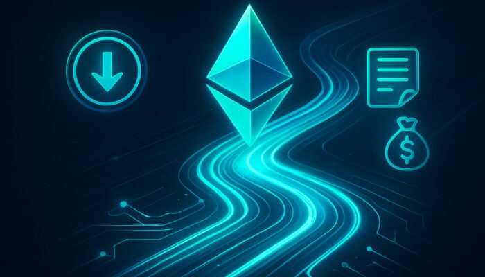 Visual representation of declining Ethereum gas fees through optimised glowing blockchain pathways.