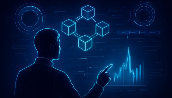 Futuristic analyst examining holographic blockchain charts for gas fee spikes within neon cyber timelines