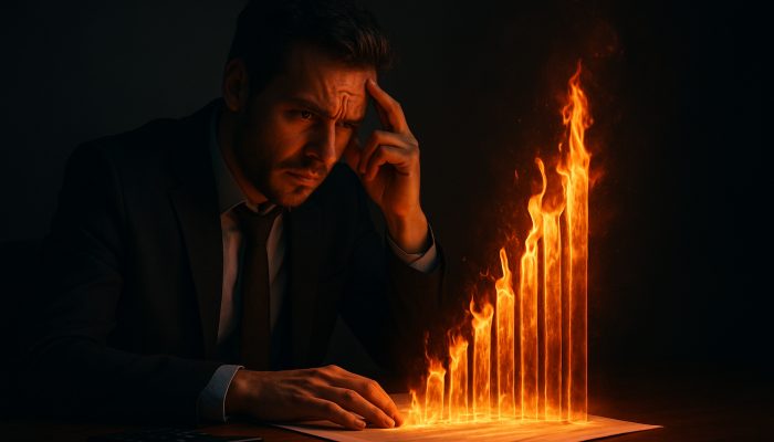 UK borrower at a desk as glowing health papers cause insurance premiums to rise dramatically.