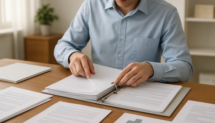 Individual sorting medical records chronologically into a summary binder on a wooden desk