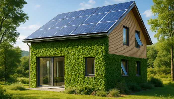 Modern eco-friendly house featuring solar panels, green walls, and smart windows in a tranquil environment.