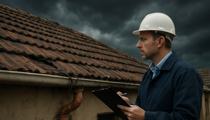 Professional inspector evaluating the condition of an old South African home in Springs, noting cracked roofs and exposed wires under a stormy sky.