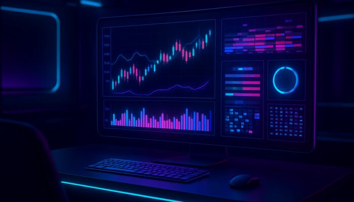 Futuristic holographic Freqtrade desk displaying colourful crypto trading pair charts, candlesticks, and volume heatmaps.