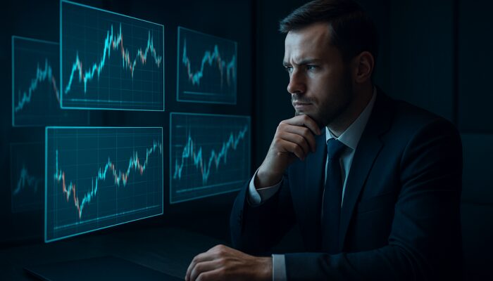 Trader cross-verifying conflicting cryptocurrency charts on holographic screens in a dark office
