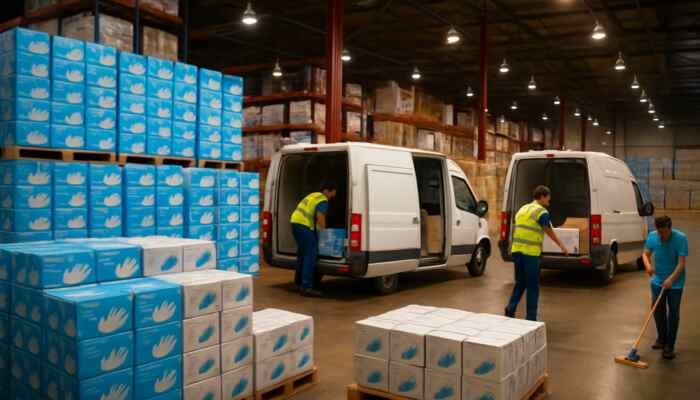 Warehouse in Hucknall filled with stacked boxes of bulk vinyl gloves as delivery vans load supplies under bright lighting.