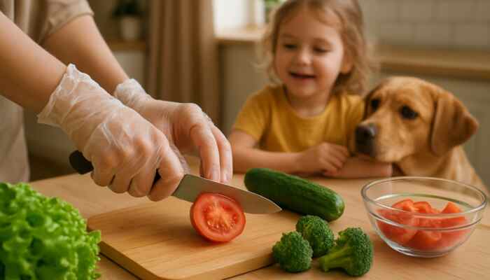 Hands in clear vinyl gloves preparing fresh food in cosy family kitchen with child and pet nearby