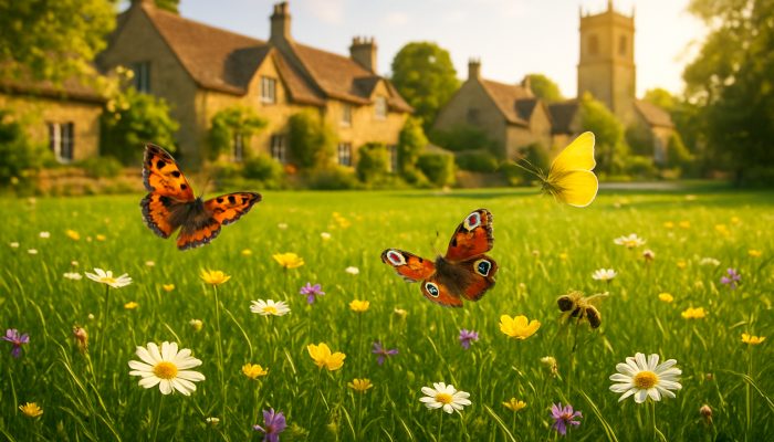Freshly mowed Haselbury Plucknett lawn adorned with wildflowers, butterflies, and bees in golden sunlight.