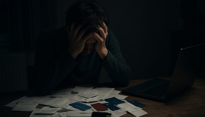 How Missed Payments Influence Future Loan Opportunities: UK Consequences | DCL Stressed individual surrounded by unpaid bills and credit cards in a dimly lit UK flat