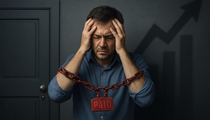 How Missed Payments Influence Future Loan Opportunities: UK Consequences | DCL Stressed borrower hindered by missed payments facing locked mortgage and loan doors with increasing insurance costs