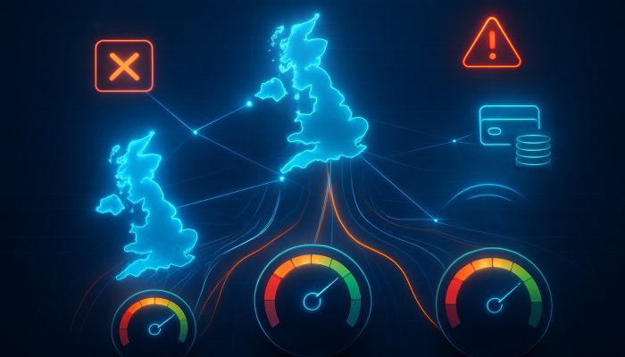 How Missed Payments Influence Future Loan Opportunities: UK Consequences | DCL Futuristic digital web connecting UK credit agencies Experian, Equifax, TransUnion with score meters and payment alerts