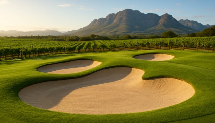 Stunning Cape Winelands golf bunkers filled with fine sand, bordered by vineyards and rolling hills.