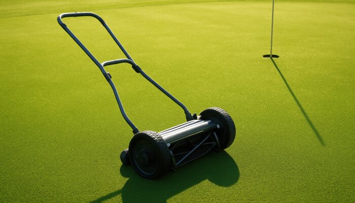 Lightweight mower gliding over a sunlit golf putting green.