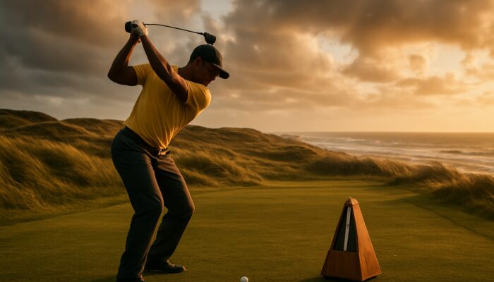 Dedicated South African golfer mid-swing with a metronome on a breezy coastal fairway at golden hour
