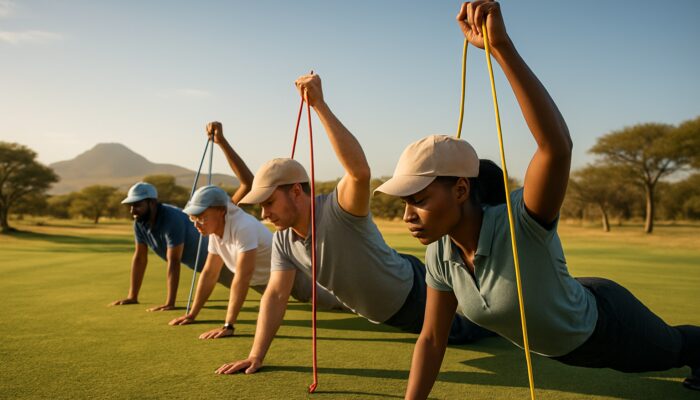 A diverse group of golfers performing planks and resistance band exercises on a sunlit South African savanna golf course.