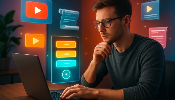 Young creator reviews appealing pricing tiers and YouTube thumbnails on a laptop in a vibrant studio setting
