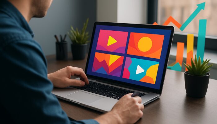 Creator designing vibrant video thumbnails on a laptop with rising engagement graphs in a modern workspace