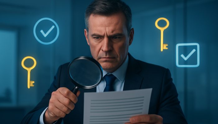 Lender reviews pristine credit report under magnifying glass with cleared debt icons in modern office.