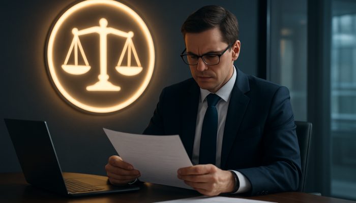Compliance officer reviewing loan documents under FCA emblem with scales of justice in UK office