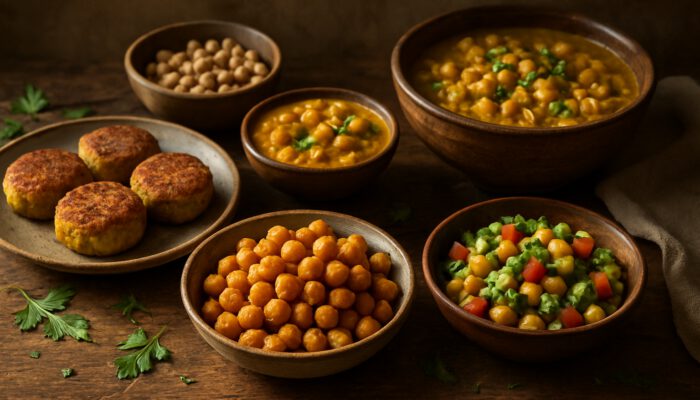 Rustic counter with roasted chickpeas, falafel, salad, and curry bowls in sunlight
