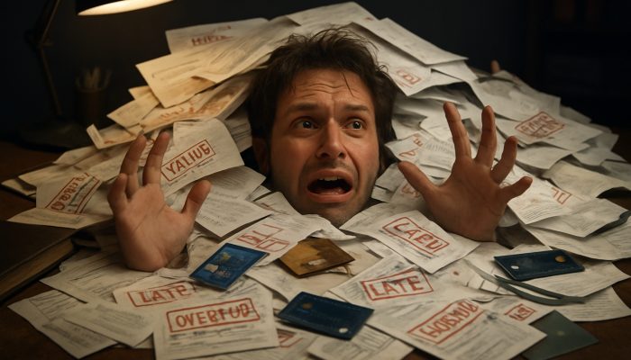 Person overwhelmed by a chaotic pile of overdue bills and loan papers on a cluttered desk