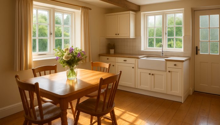 Pristine Yeovil cottage kitchen sparkling after professional cleaning with fresh flowers on the table