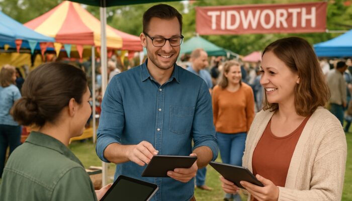 Small business owner interacting with locals using tablets at a vibrant Tidworth community fair