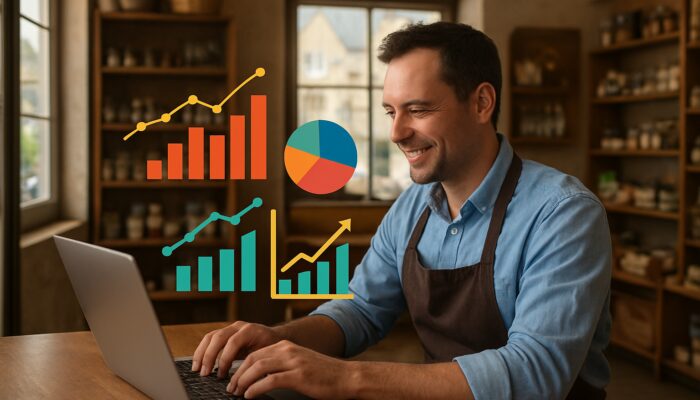 Small business owner in Tidworth reviewing analytics dashboard with engagement graphs in village shop