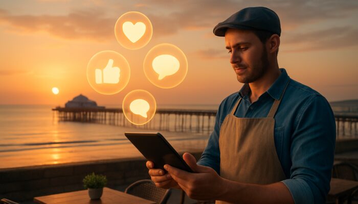 Café owner reviewing impressive social media metrics on a tablet above Weston-super-Mare pier during sunset