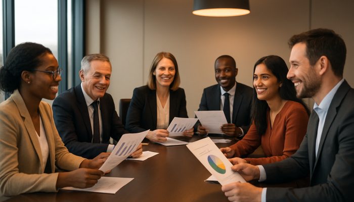 When to Switch From One Strategy to Another: Business Guide | DCL Diverse British professionals sharing surveys and charts around a sleek London boardroom table.