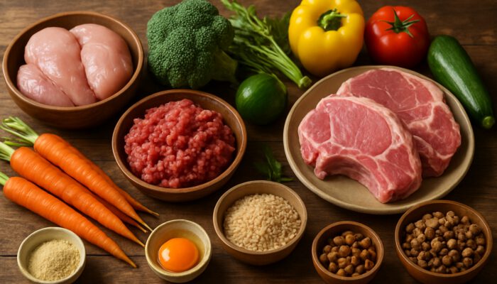 Rustic table showcasing fresh organic meats and vibrant vegetables for balanced raw pet meals