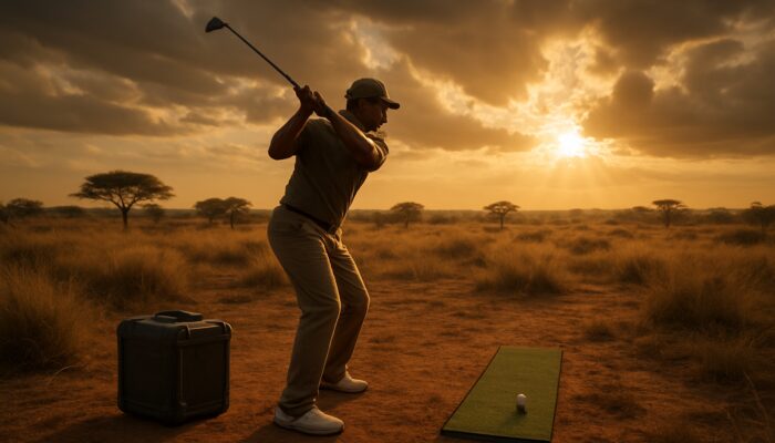 South African golfer swings with launch monitor and putting mat on windswept savanna range.