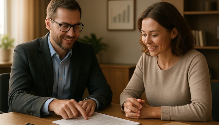 UK debt advisor assisting borrower with consolidation documents in a calm office with charts