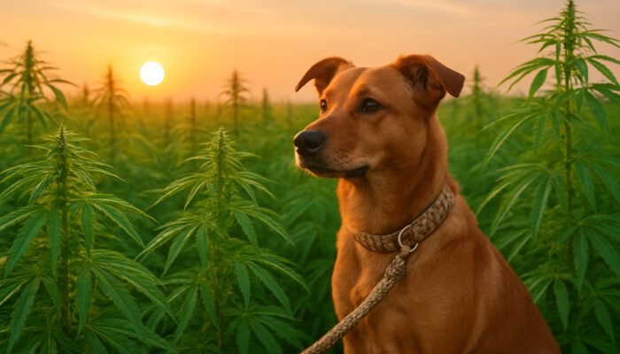 Dog on hemp leash in vibrant sunrise hemp field, symbolising sustainable pet products.