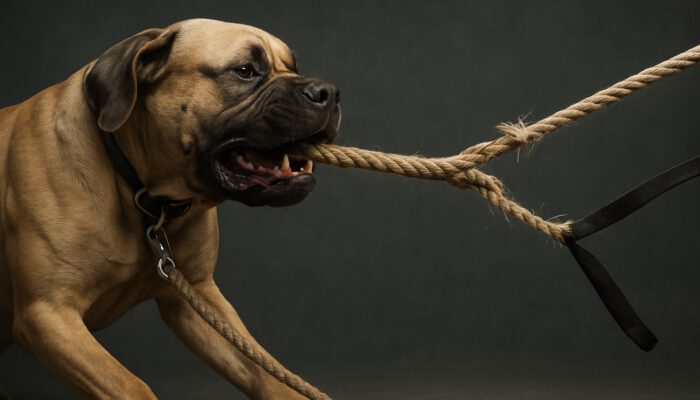 Large dog pulling an unbreakable hemp leash while a nylon leash snaps during a tension test.