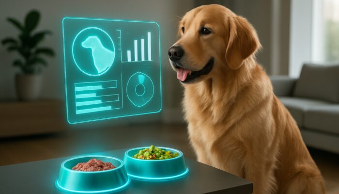 Futuristic holographic tablet showing personalised nutrition data for golden retriever in modern home