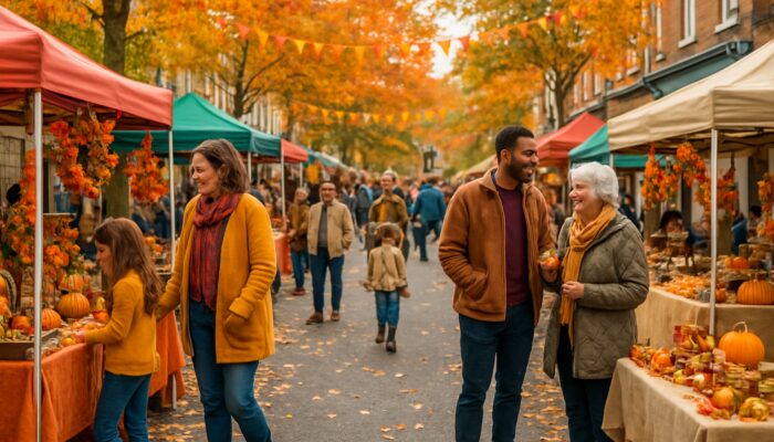 Diverse locals browsing small business stalls at vibrant Ferndown autumn festival in Dorset