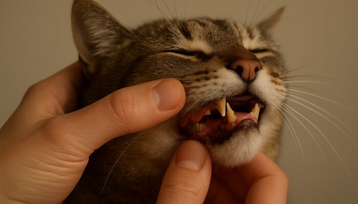 Gentle hand examining cat's open mouth showing tartar buildup and inflamed gums