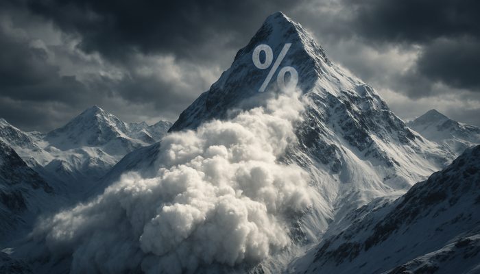 Cinematic avalanche cascading down debt mountains, striking the highest interest rate peak first.