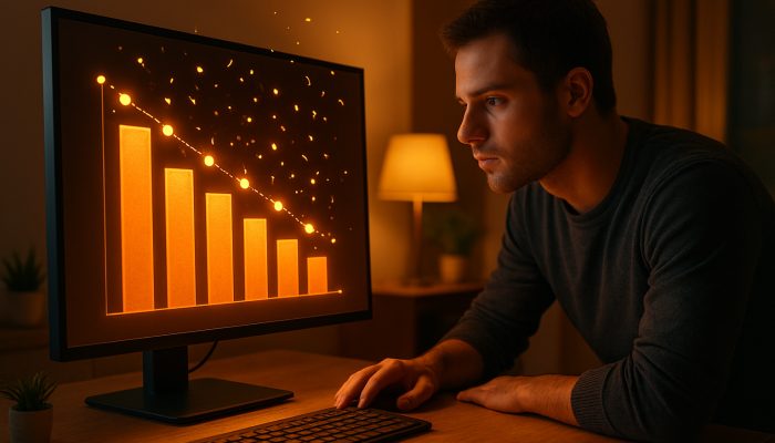 Person celebrating decreasing debt charts with confetti and milestones in a warm home office