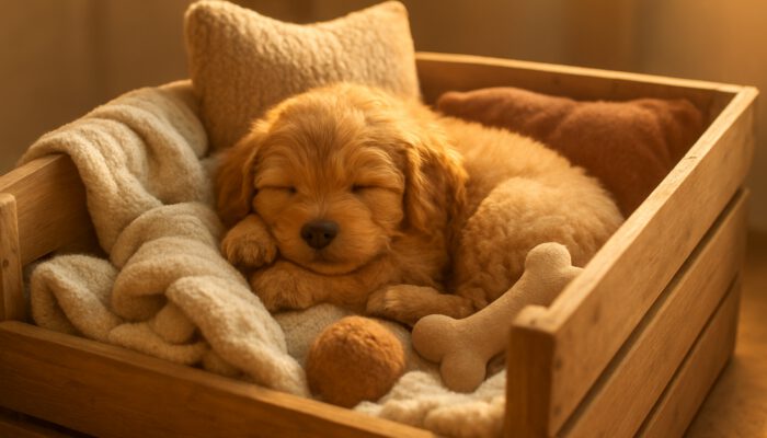 Fluffy puppy curled up in a cosy wooden crate with blankets, pillows, and toys in sunlight.