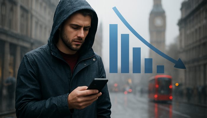 Flexible Repayment Ideas for Gig Workers: Tailored UK Plans | DCL Gig worker on rainy London street views smartphone with earnings graph scaling flexible loan repayments